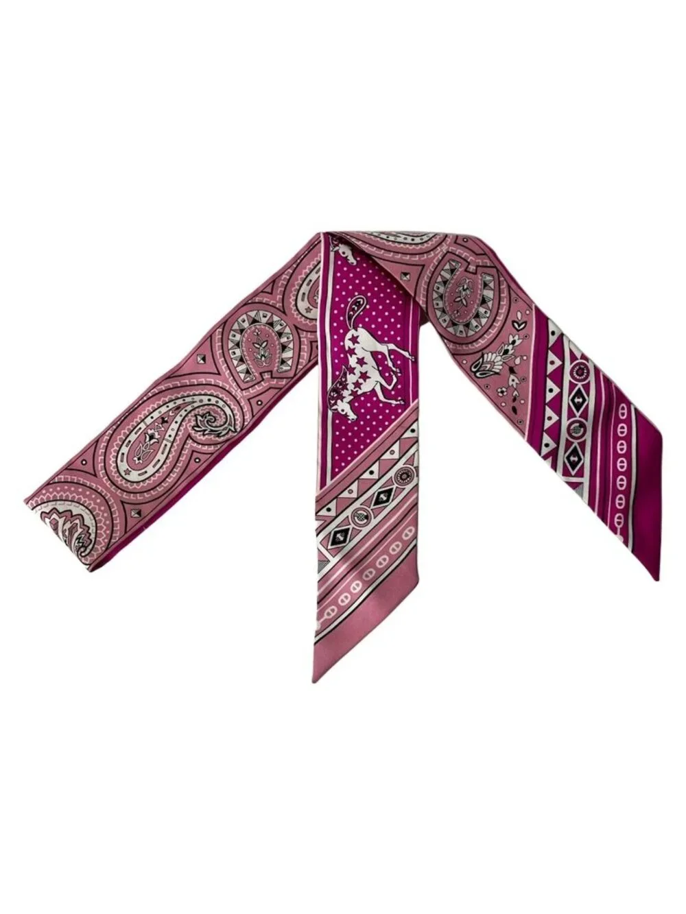 Hermes Scarf Twill Pink White Multi Ribbon Horse Star Dot Pattern
